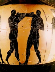 Amphore panathénaïque à figures noires représentant un combat de boxe, vers 336 av. J.-C. (poterie)